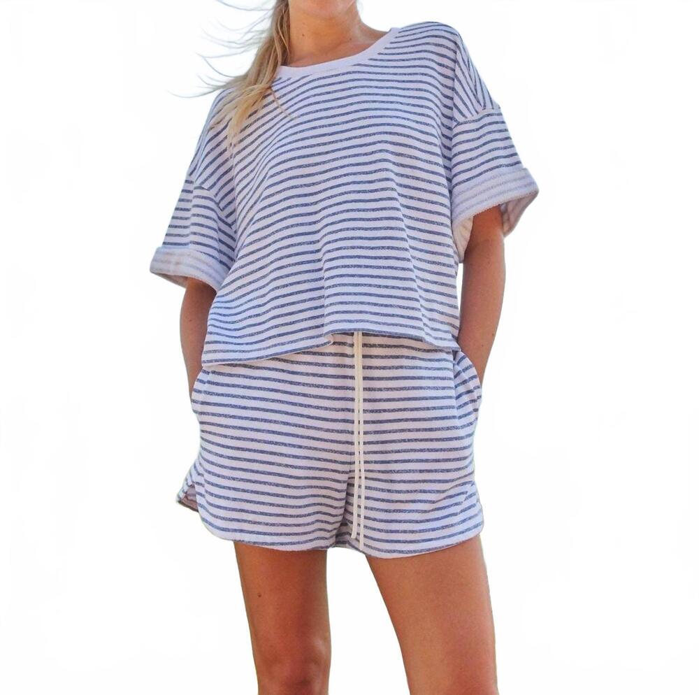 NEW SUNDRY roll sleeve top in white/navy stripe